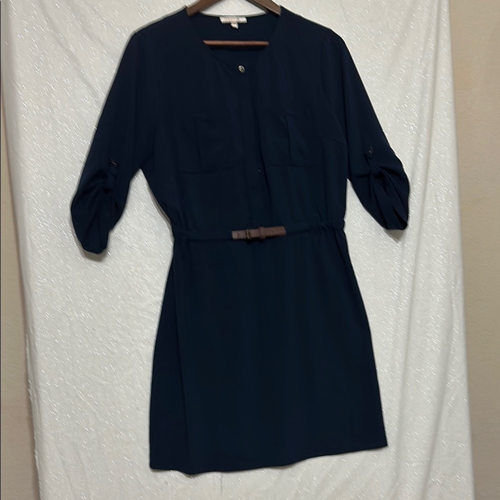 Skies Are Blue Navy Blue Long Sleeve Belted Shirt Dress